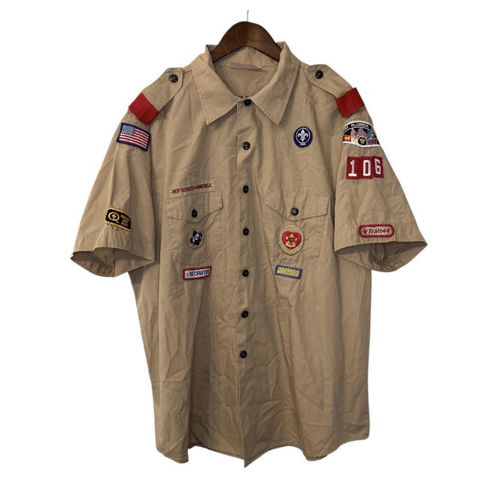 Vintage Boy Scouts of America shirt mens 2XL beige button patches recruiter USA